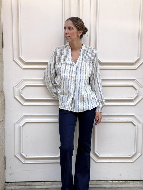 CAMISA NIDO DE ABEJAS Y RAYAS TELAR Marino