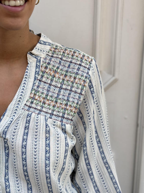 CAMISA NIDO DE ABEJAS Y RAYAS TELAR Marino