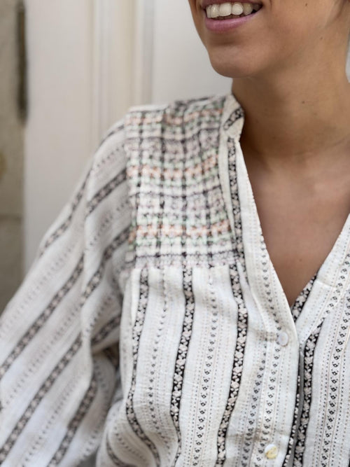 CAMISA NIDO DE ABEJAS Y RAYAS TELAR Marrón