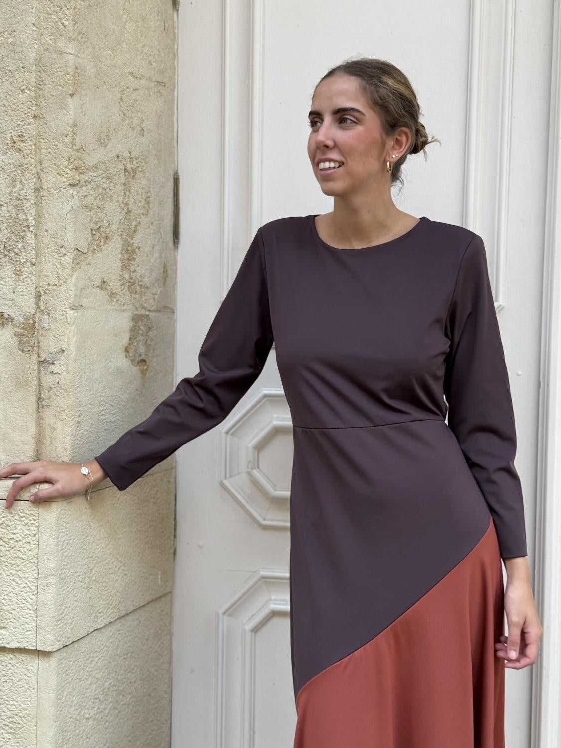 VESTIDO PUNTO DE SEDA BICOLOR NAMI Marrón