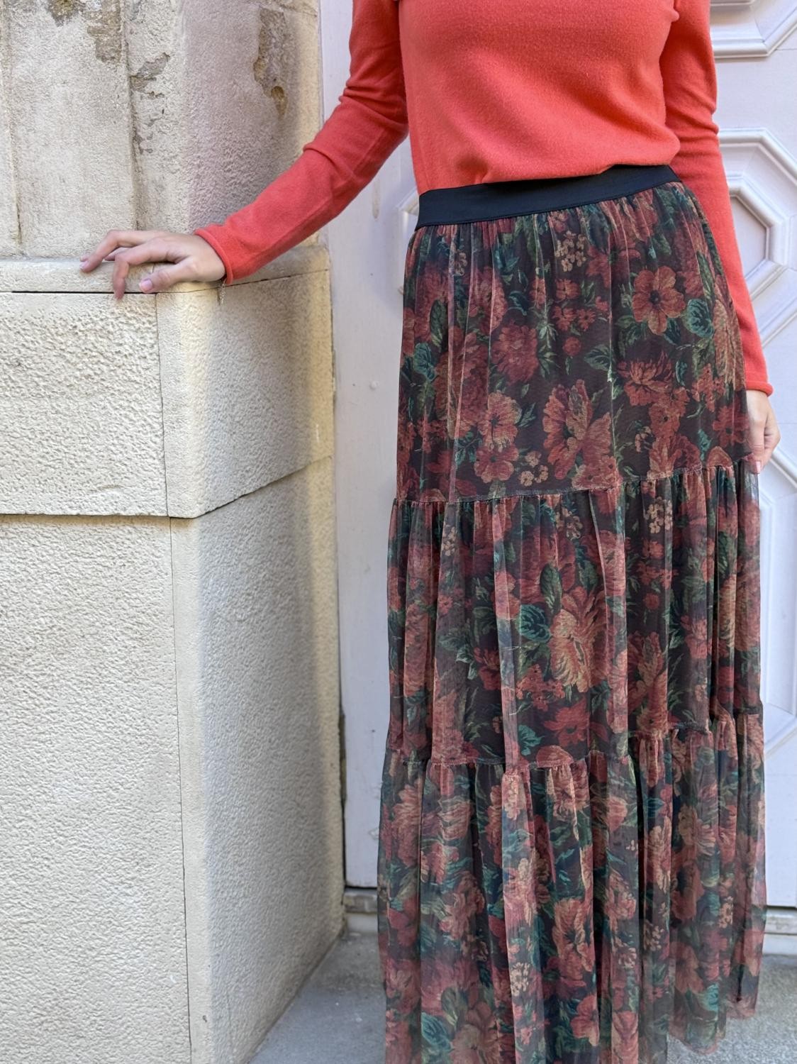 FALDA DE TUL ESTAMPADA FLORAL LA NOSTALGIA - VERDE