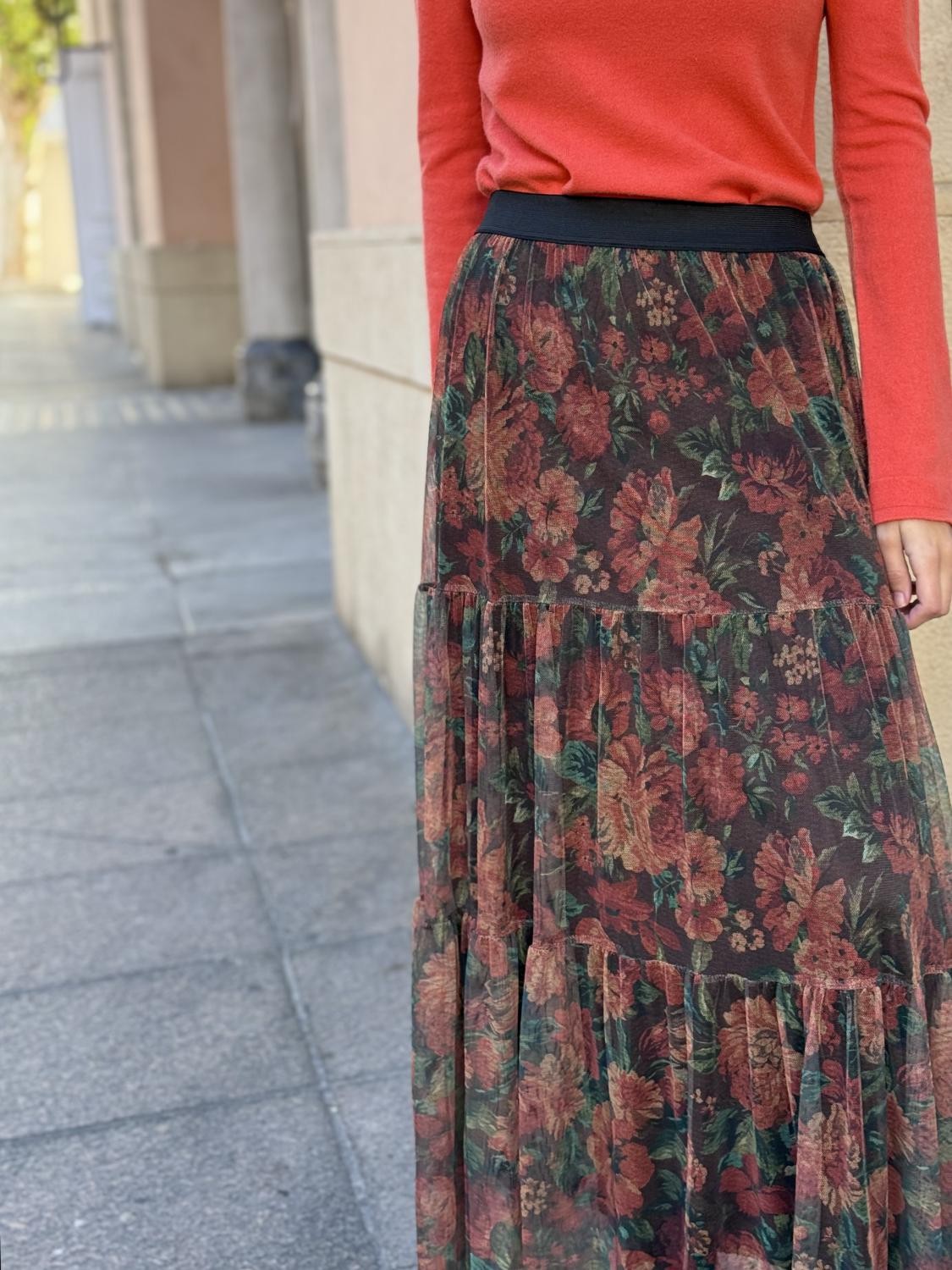 FALDA DE TUL ESTAMPADA FLORAL LA NOSTALGIA - VERDE