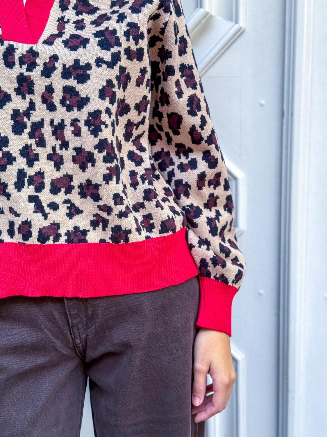 JERSEY COMBI LEOPARDO Y CUELLO CAMISA - CAMEL