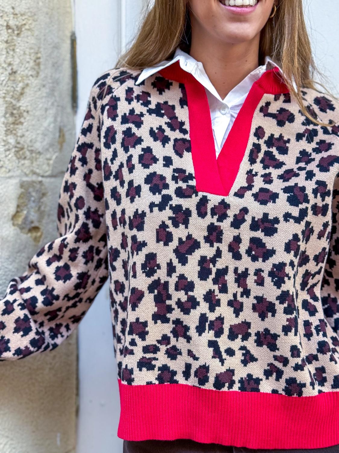 JERSEY COMBI LEOPARDO Y CUELLO CAMISA - CAMEL