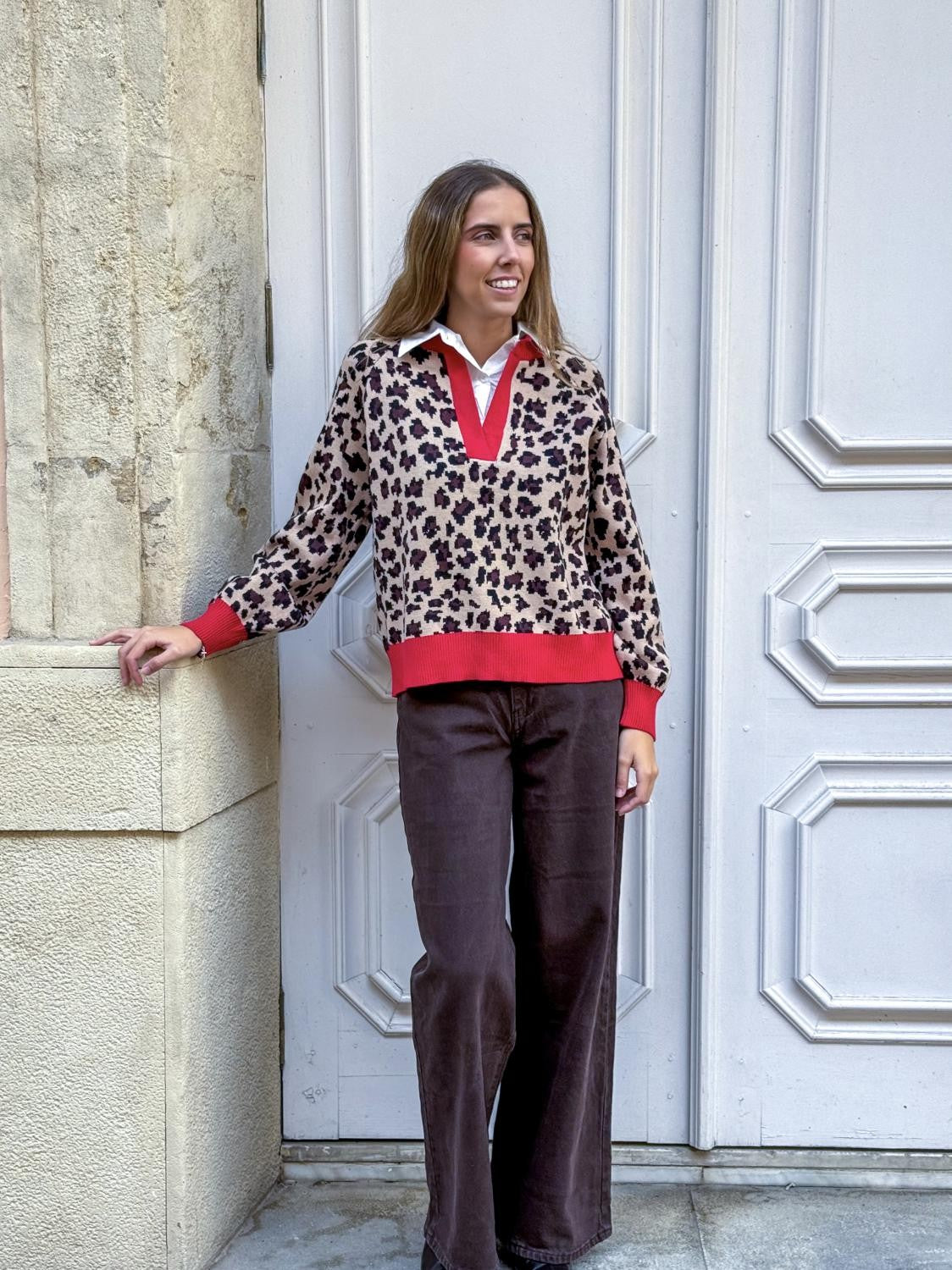 JERSEY COMBI LEOPARDO Y CUELLO CAMISA - CAMEL