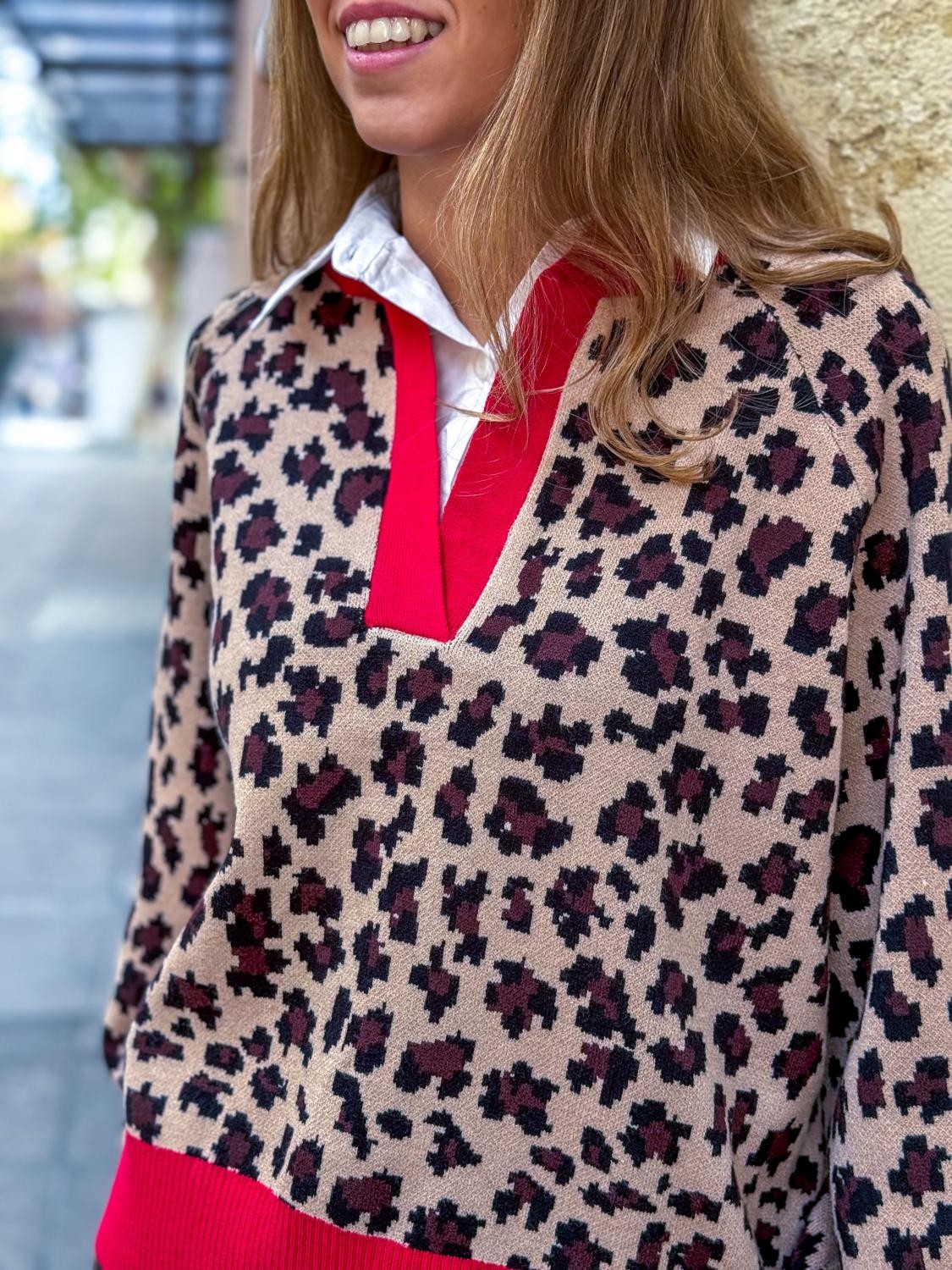 JERSEY COMBI LEOPARDO Y CUELLO CAMISA - CAMEL